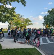 Riders rallied for a safety check-in before starting their 13-mile route across the city.