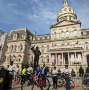 Baltimore Mayor Brandon Scott hosted a press conference at City Hall after biking to work on National Bike to Work Day.